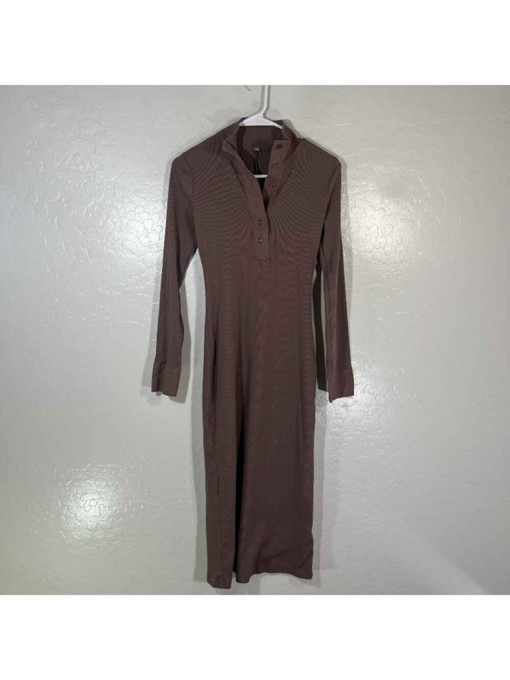 YFB Dress Womens Small Brown Ribbed Knit Henley Bodycon Midi Long Sleeve